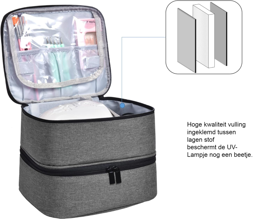 Nagellak organizer voor 30 flessen met opbergvak voor UV-lamp, grijs