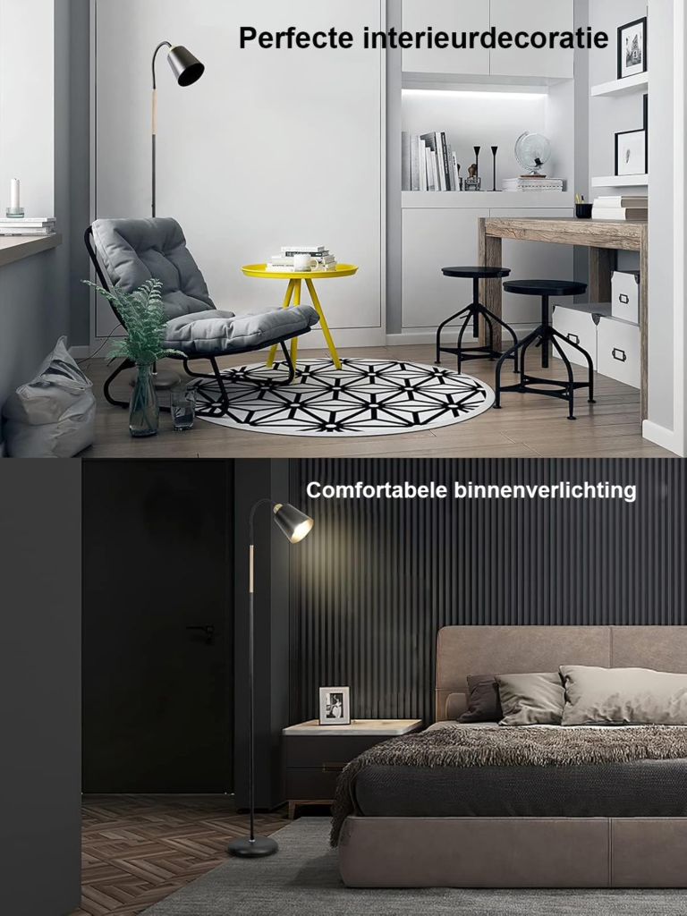 Zwarte metalen vloerlamp E27 met 360° draaibare fitting, 159 cm hoog, voor woonkamer en slaapkamer