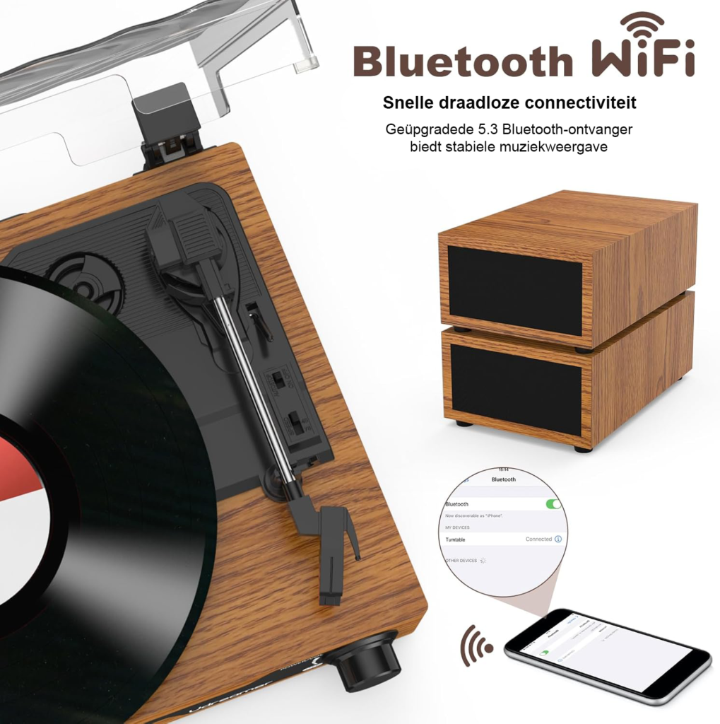 Gele vintage platenspeler met 2 stereo speakers, Bluetooth 5.3, USB en 3 afspeelsnelheden