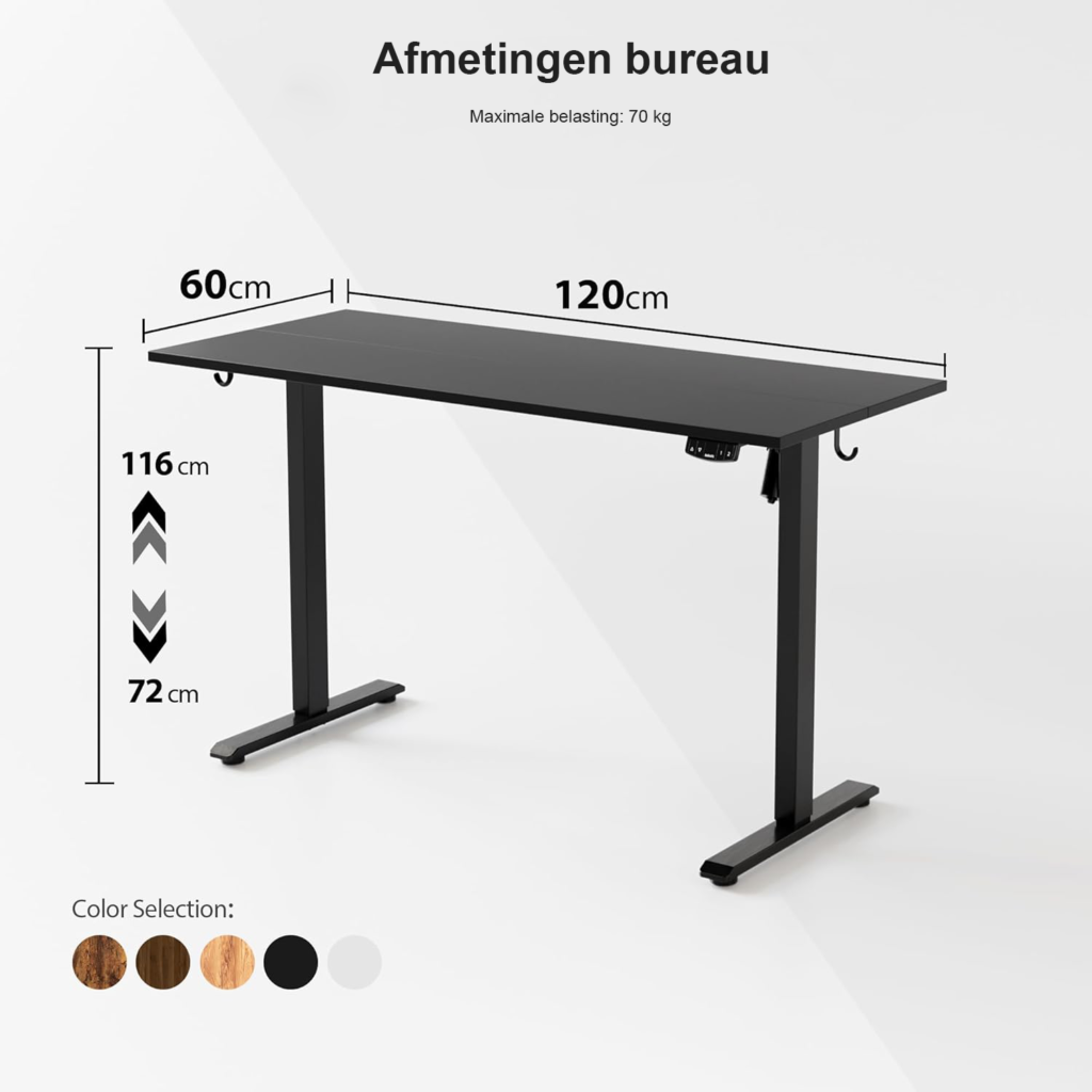 Elektrisch verstelbaar bureau 120 x 60 cm in zwart met geheugenfunctie voor kantoor en thuiswerken