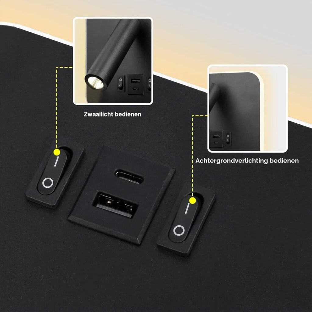 LED Wandlamp Leeslamp - Bedlamp met USB-C Oplaadpoort en Schakelaar - Verstelbare LED Spot - 12W 3000K Aluminium, Draaibaar