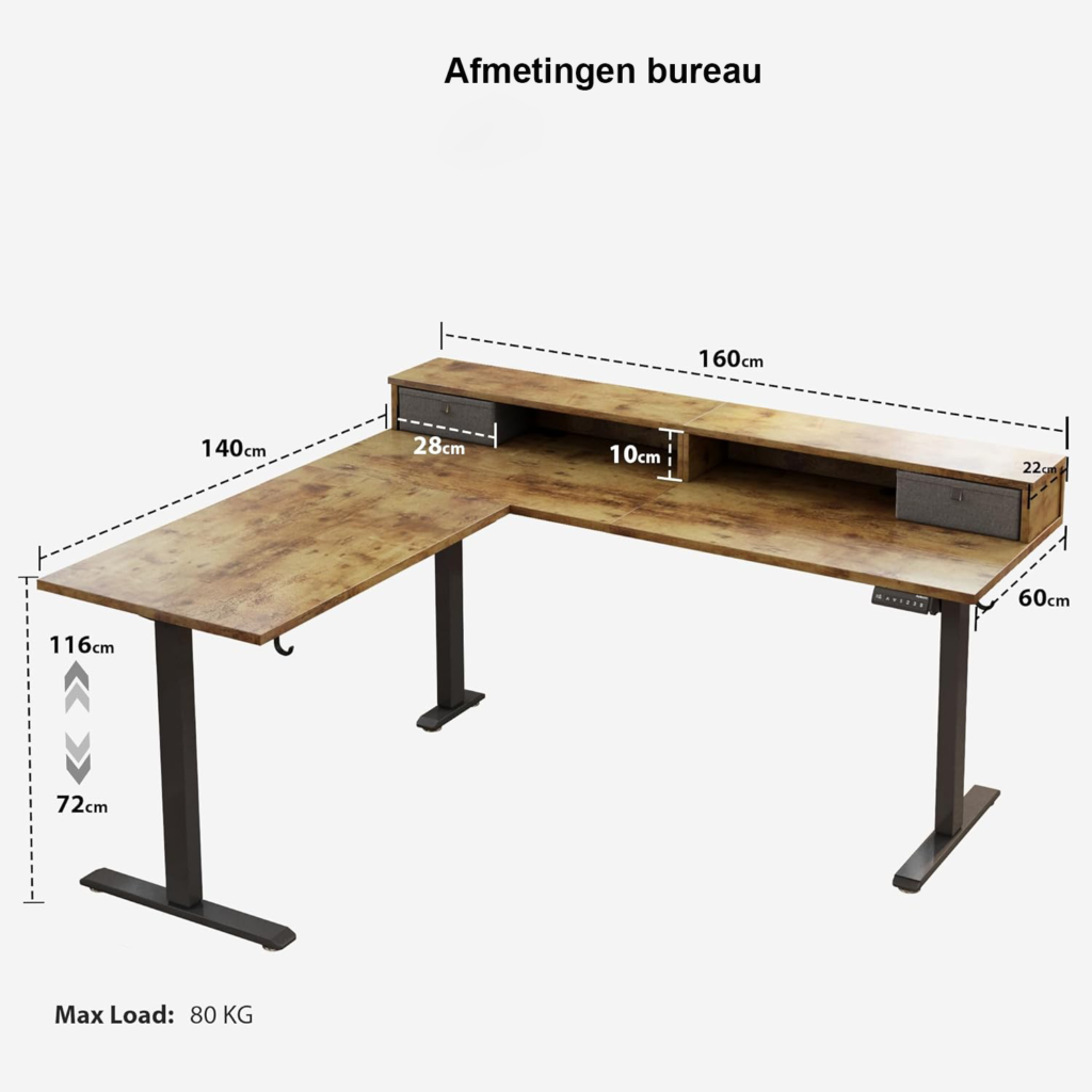 L-vormig Elektrisch Zit-Sta Bureau 160 cm met 2 Lades - Ergonomisch Verstelbaar Hoekbureau - Thuiswerkbureau met Opbergruimte - Rustiek Bruin