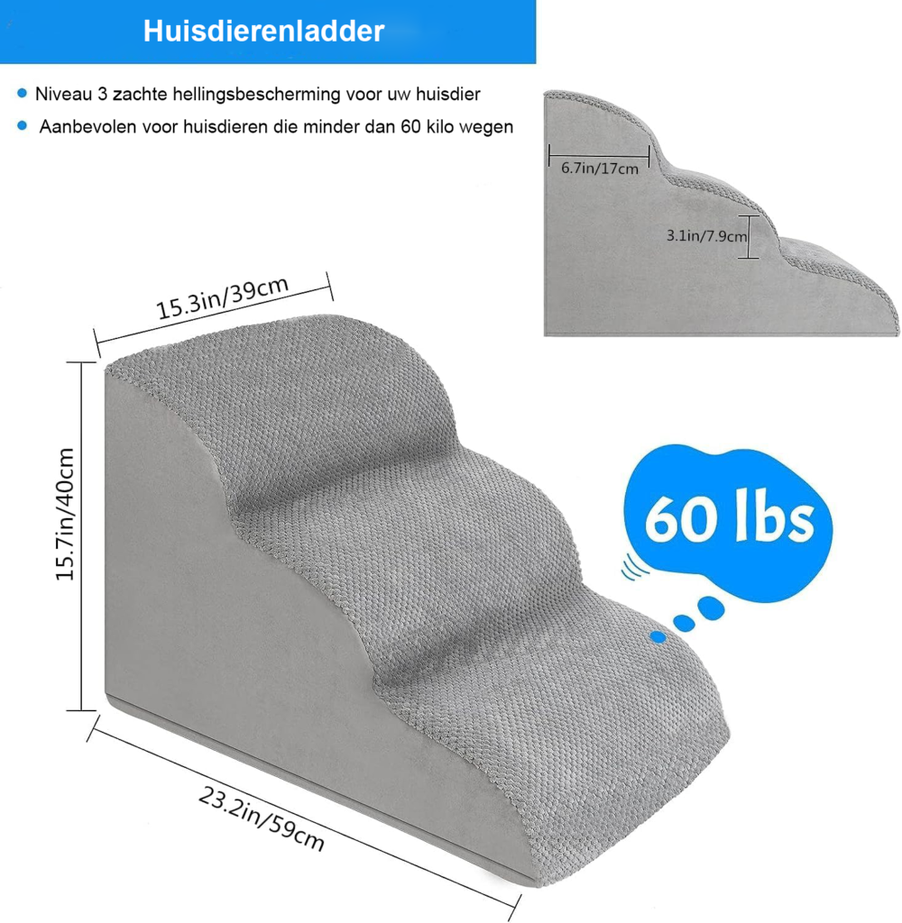 Hondentrap met 3 treden voor bed en bank, 40 cm hoog, met wasbare hoes en pluizenverwijderaar