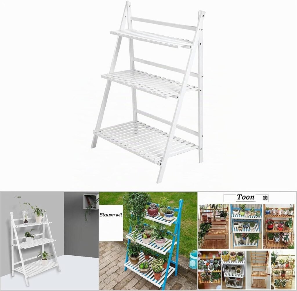 Vouwbaar Plantenrek met 3 Niveaus - Bloemenrek van Bamboe voor Binnen en Buiten - Wit - 70 x 40 x 96 cm