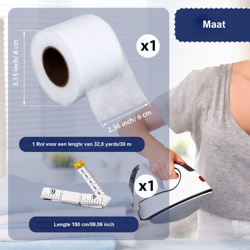 Strijkband voor Zomen 30 Meter - Strijkbare Textieltape Zonder Naaien - Zoomtape voor Broeken, Jeans en Gordijnen - Wit, 6 cm Breed Inclusief Meetlint