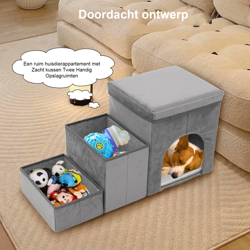 Hondentrap met 3 treden en opbergruimte, 60 cm hoog, grijs-blauwe zachte trap voor kleine honden en oudere katten