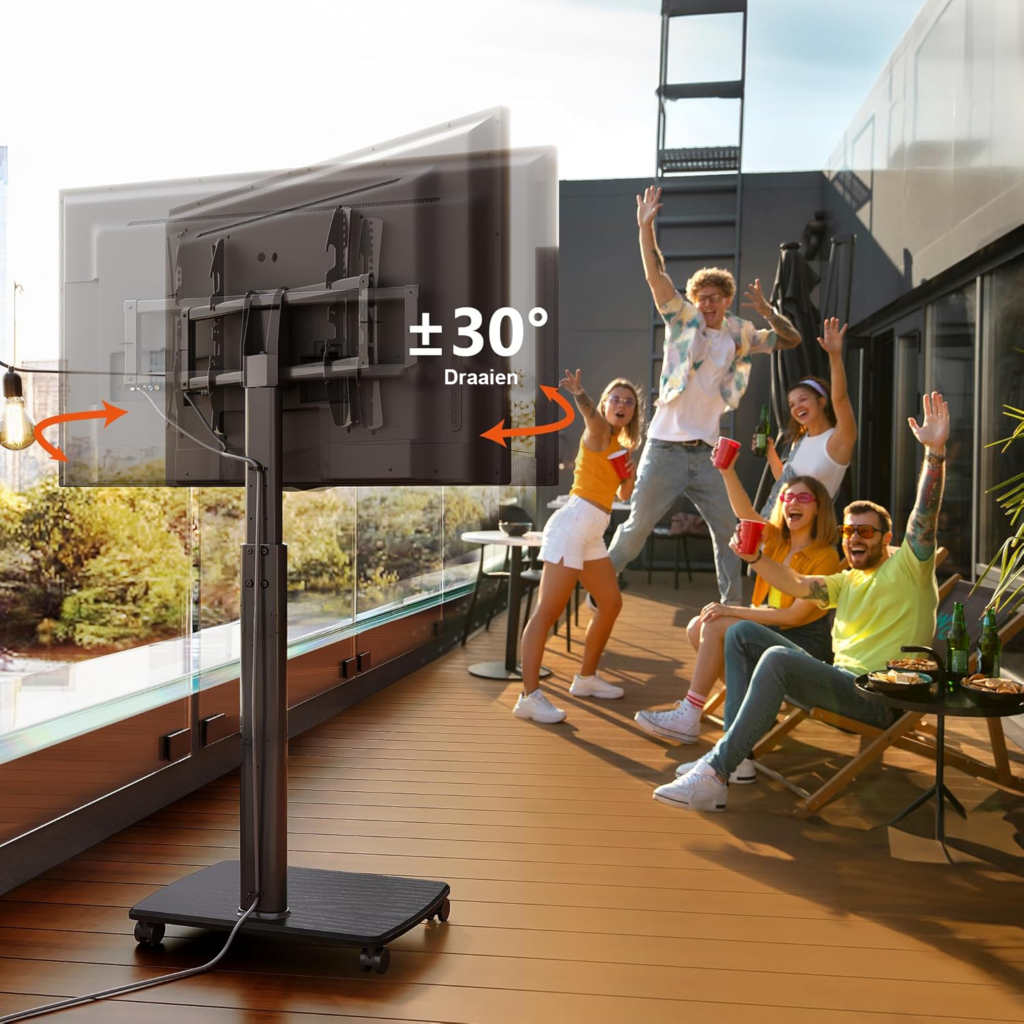 Mobiele TV standaard met houten basis, verrijdbare tv trolley met wielen voor 32-70 inch tv’s, verstelbare hoogte en draaifunctie