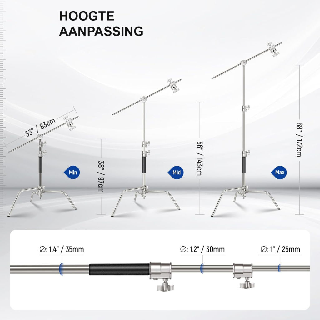 Professioneel C-stand lichtstatief van roestvrij staal, verstelbaar tot 172 cm met boomarm van 83 cm en 2 grip heads voor studioverlichting, softbox en reflector