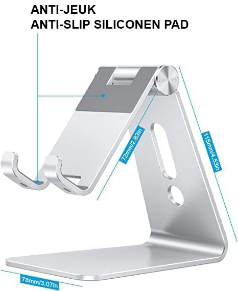 Verstelbare aluminium telefoonstandaard voor smartphone en tablet op bureau, ergonomisch design voor handsfree gebruik