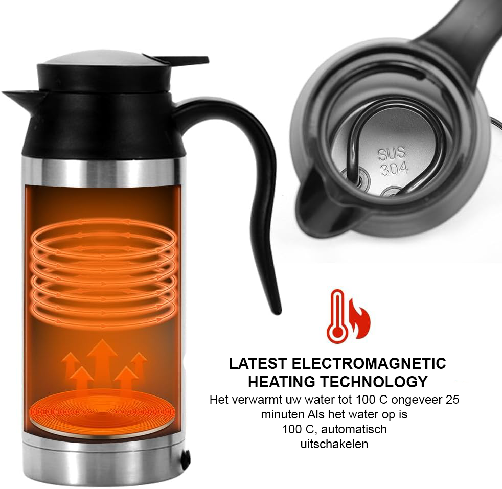 Auto waterkoker RVS 12V 750 ml voor auto en camping, draagbare reiswaterkoker via sigarettenaansteker