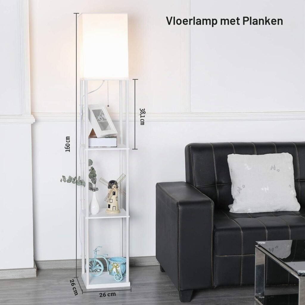 Witte dimbare LED vloerlamp met houten plank, 3 kleurtemperaturen en 9W LED voor woonkamer, slaapkamer of kantoor