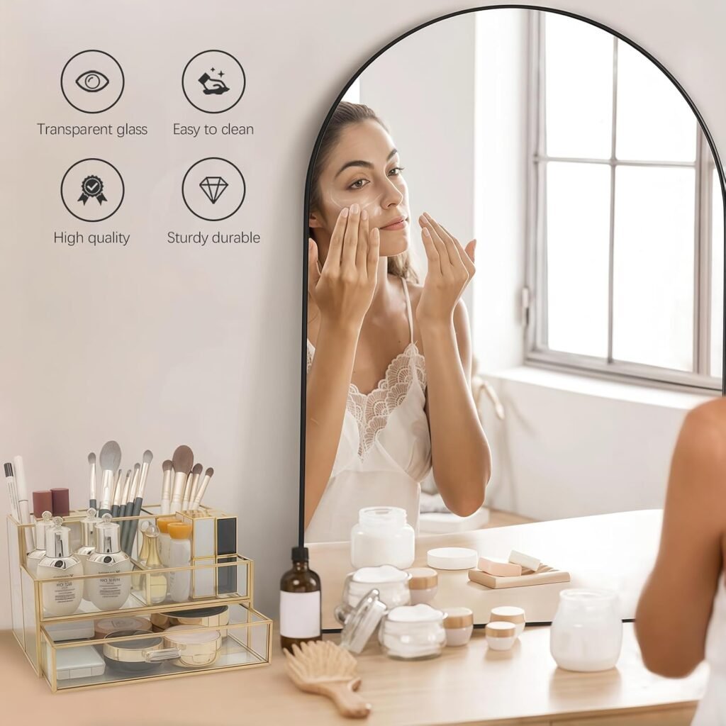 Cosmetische Organizer met Lades - Gouden Make-up Organizer van Glas - Beauty Opberger met Kwastenhouder - Cosmetica Bewaardoos