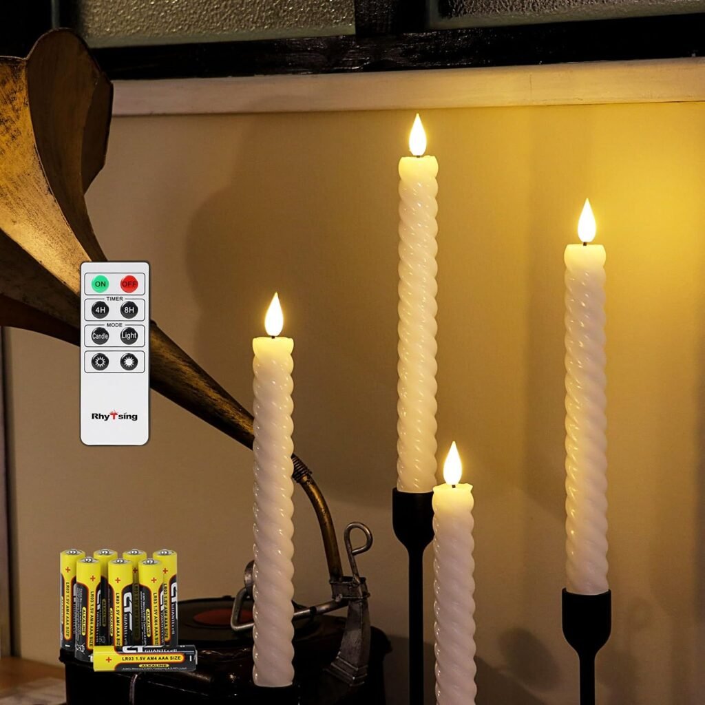 Witte LED dinerkaarsen set van 4 met ribbel design, warm wit licht, timer en afstandsbediening, 25 cm hoog