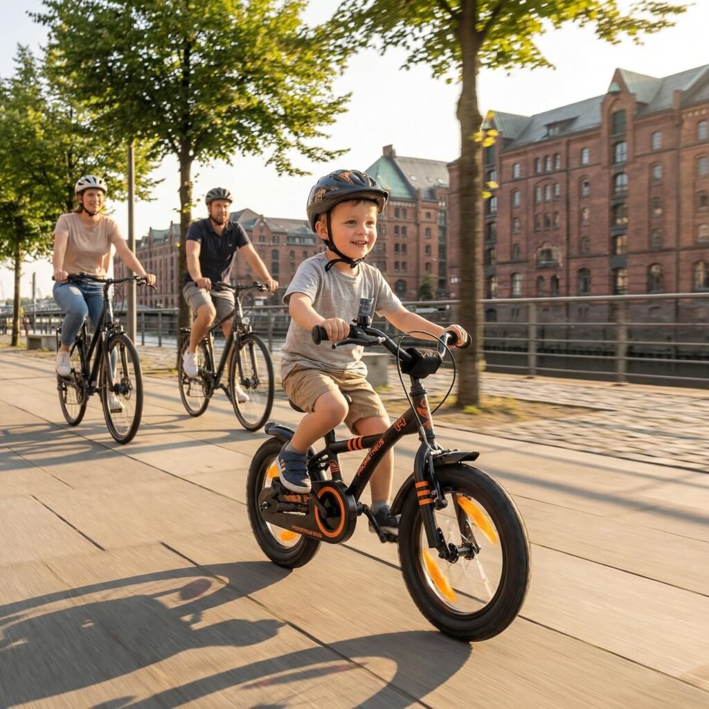 Kinderfiets 14 Inch voor Jongens en Meisjes - BMX Fiets met Zijwieltjes en Terugtraprem - Mat Zwart met Oranje Accenten - Verstelbaar Zadel en Stuur