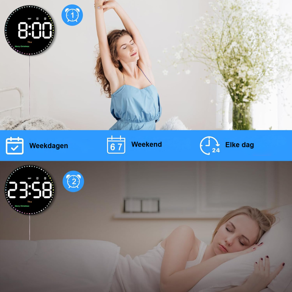 Digitale Wandklok 10 Inch met Kleurrijke LED-verlichting - Klok met Datum, Dag en Temperatuur - Afteltimer en 2 Alarmen - Inclusief Afstandsbediening