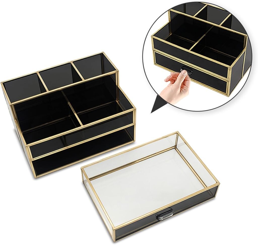Zwarte cosmetische organizer met lades, glazen make-up opberger en kwastenhouder