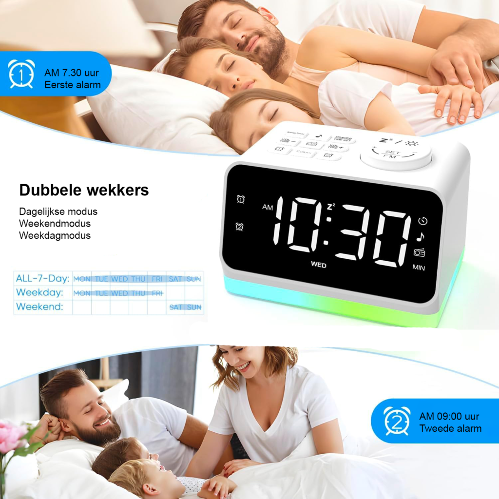 Digitale Wekker met FM Radio en Dubbel Alarm - Kleurrijke LED Display met 2 USB-Oplaadpoorten - Nachtlampje met 8 Kleuren en Sluimerfunctie - Witte Wekkerradio met Timer
