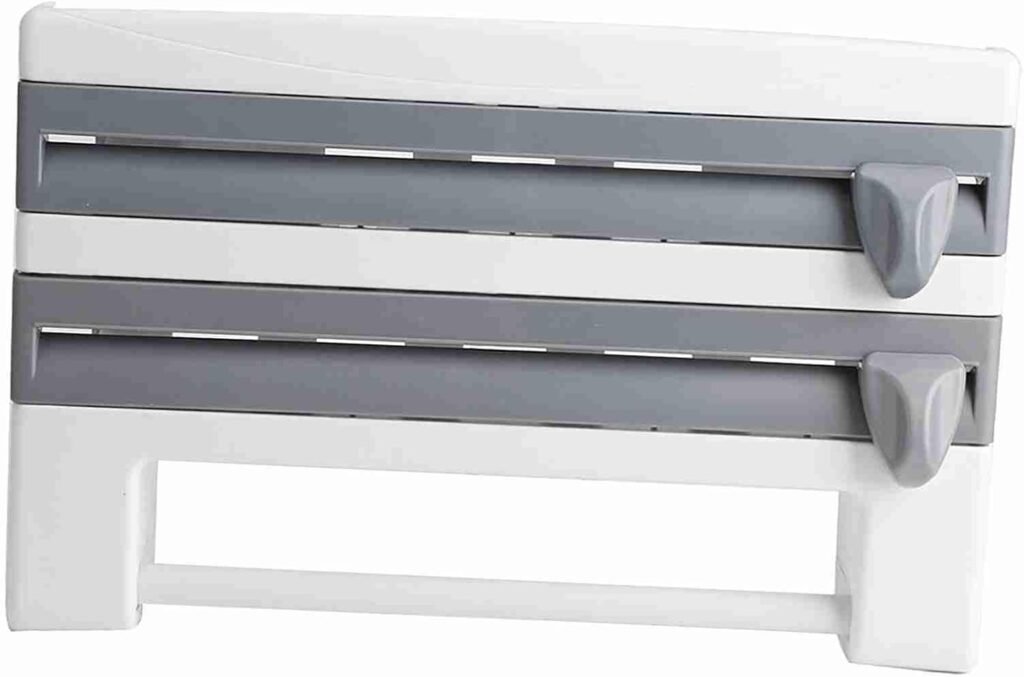 Wandhouder voor Plasticfolie en Keukenrol - Keukenrek met Snijbladen en Foliedispenser - Wandmontage met Opbergruimte voor Keukengerei - 39 x 10 x 24 cm Grijs-Wit